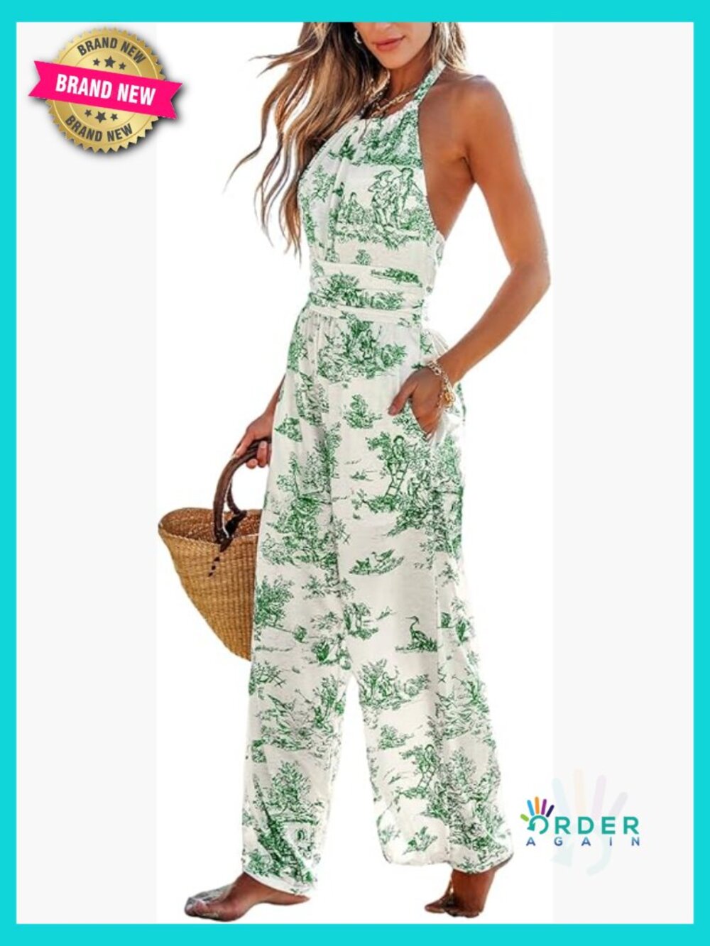Sleeveless Halter Jumpsuit with Pockets Wide Leg Maxi Romper Casual Dressy